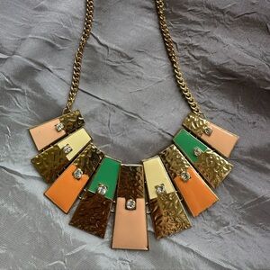 Geometric Orange Green Gold Necklace Statement Piece